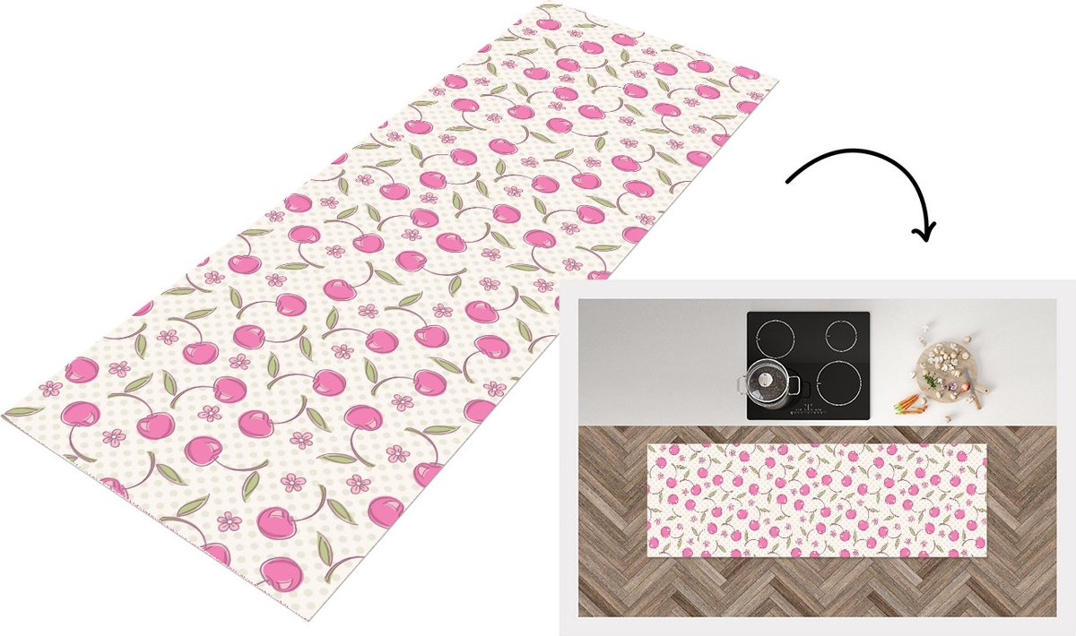 KitchenYeah Keukenloper - Loper keuken - Kersen - Bloemen - Stippen - Patronen - 150x50 cm - Keukenloper vinyl Multicolor