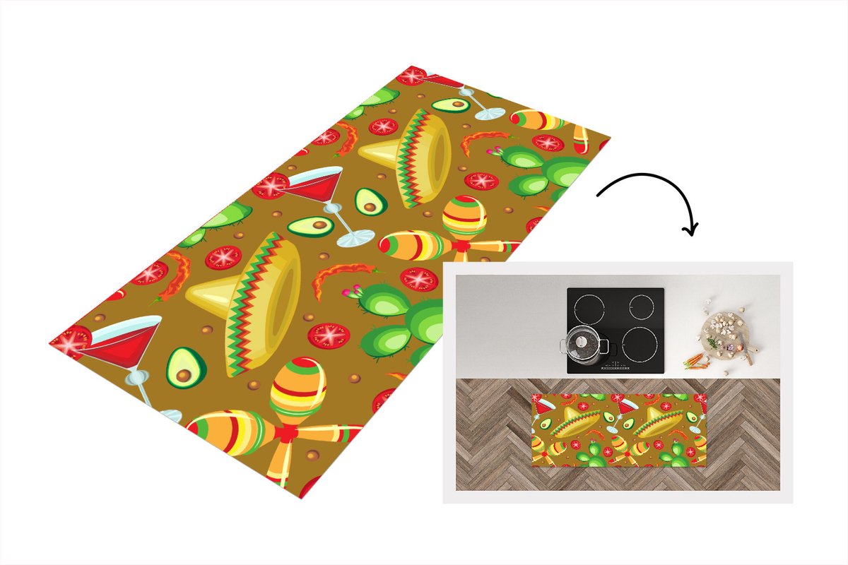 KitchenYeah Keukenloper - Loper keuken - Mexico - Sombrero - Patronen - 120x50 cm - Keukenloper vinyl Multicolor