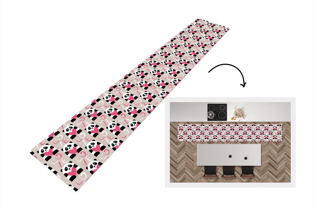 KitchenYeah Keukenloper - Loper keuken - Hartjes - Panda - Patronen - 300x50 cm - Keukenloper vinyl Multicolor