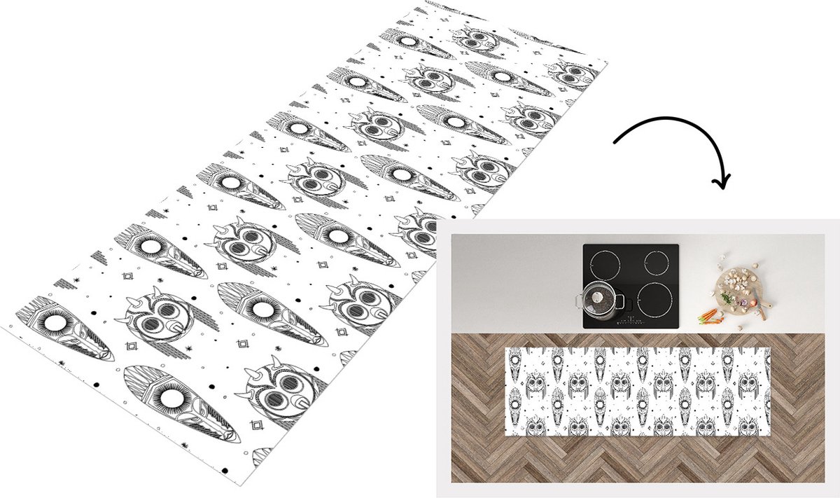 KitchenYeah Keukenloper - Loper keuken - Maya - Maskers - Zwart-Wit - Patroon - 150x50 cm - Keukenloper vinyl Zwart; Wit