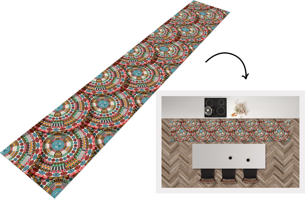 KitchenYeah Keukenloper - Loper keuken - Tegel - Azteken - Cirkels - Patronen - 300x50 cm - Keukenloper vinyl Multicolor