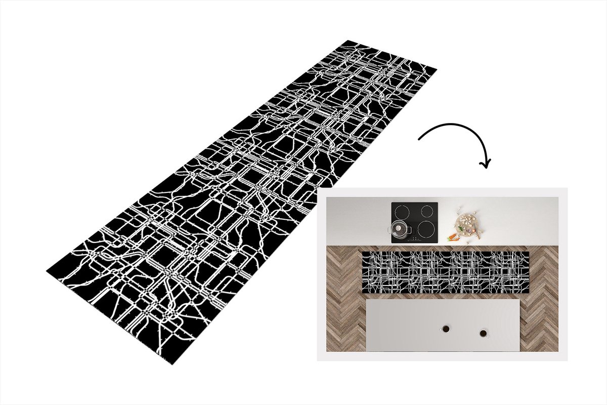 KitchenYeah Keukenloper - Loper keuken - Netwerk - Patronen - Zwart Wit - Computer - 200x50 cm - Keukenloper vinyl Zwart; Wit