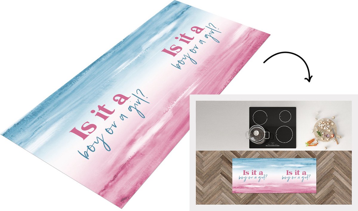 KitchenYeah Keukenloper - Loper keuken - Baby - Zwangerschap - Babyshower - Is it a Boy or a Girl - Gender reveal - Tekst - Spreuken - 120x50 cm - Keukenloper vinyl Multicolor