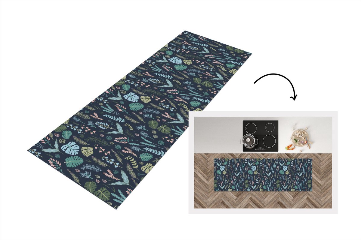 KitchenYeah Keukenloper - Loper keuken - Patroon - Jungle - Monstera - Bloemen - 150x50 cm - Keukenloper vinyl Multicolor