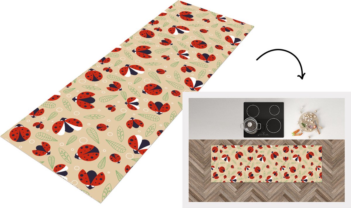 KitchenYeah Keukenloper - Loper keuken - Lieveheersbeestje - Bladeren - Design - 150x50 cm - Keukenloper vinyl Multicolor