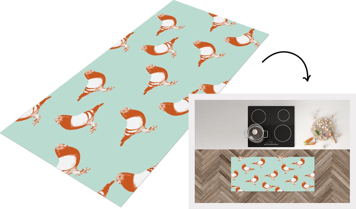 KitchenYeah Keukenloper - Loper keuken - Duif - Vogel - Patroon - 120x50 cm - Keukenloper vinyl Multicolor