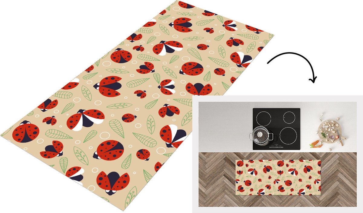 KitchenYeah Keukenloper - Loper keuken - Lieveheersbeestje - Bladeren - Design - 120x50 cm - Keukenloper vinyl Multicolor