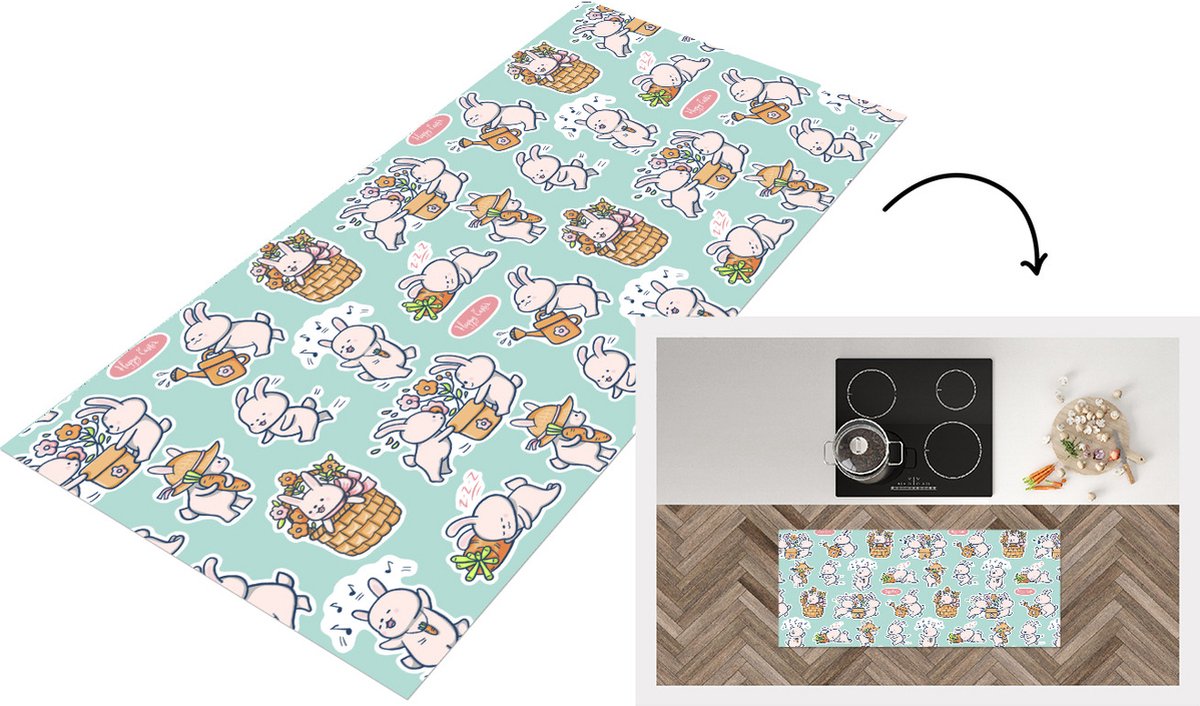 KitchenYeah Keukenloper - Loper keuken - Konijn - Tuin - Patroon - 120x50 cm - Keukenloper vinyl Multicolor