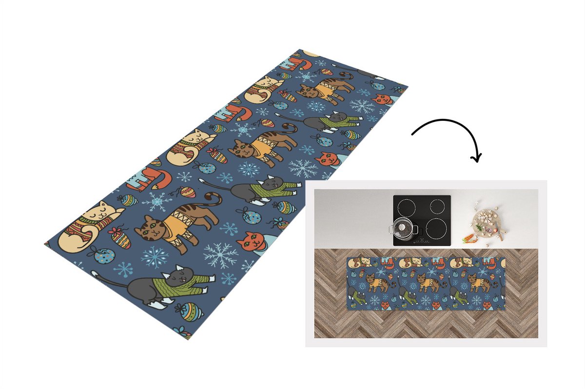 KitchenYeah Keukenloper - Loper keuken - Kat - Dieren - Kerst - Patroon - 150x50 cm - Keukenloper vinyl Multicolor