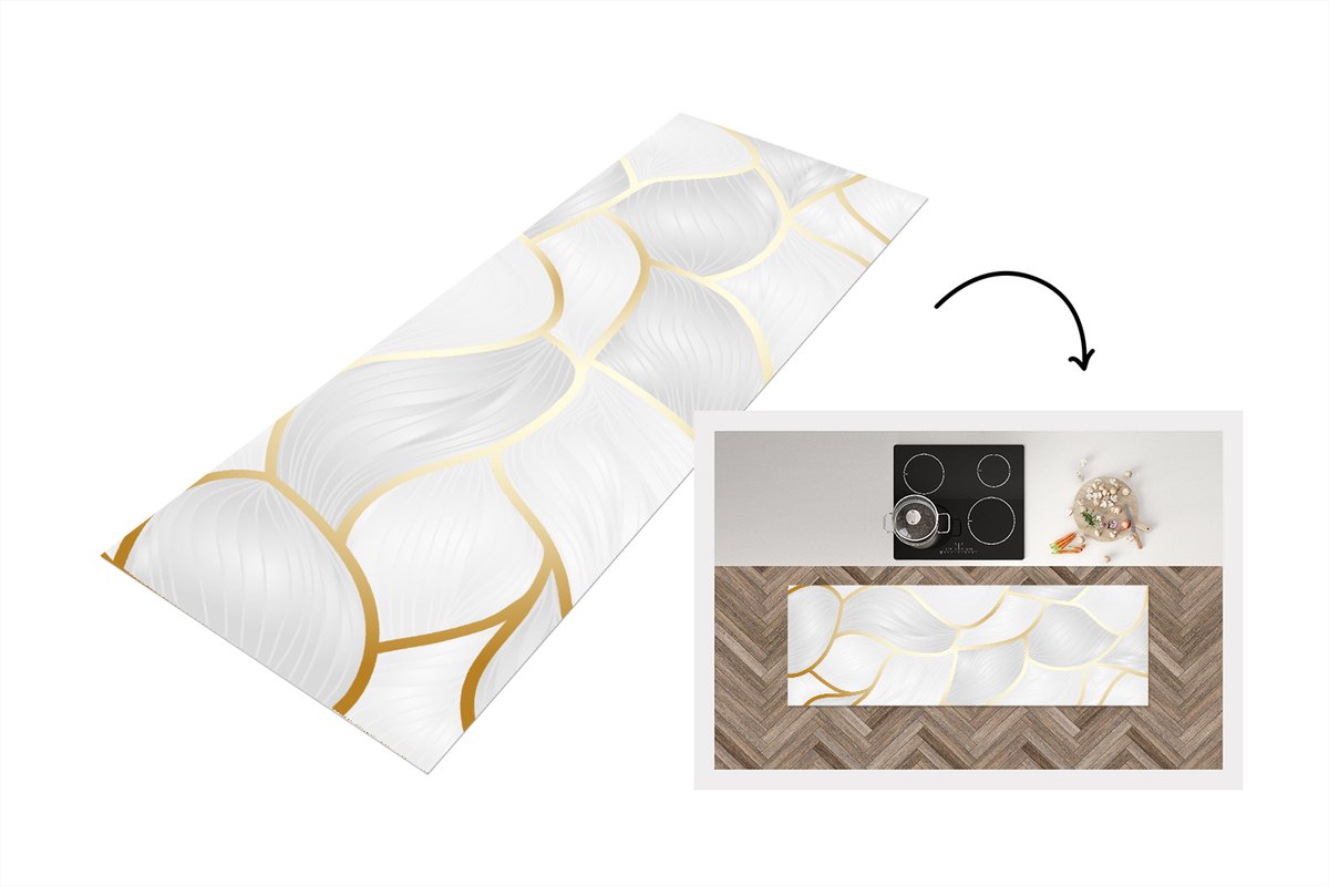KitchenYeah Keukenloper - Loper keuken - Abstract patroon met gouden lijnen - 150x50 cm - Keukenloper vinyl Multicolor