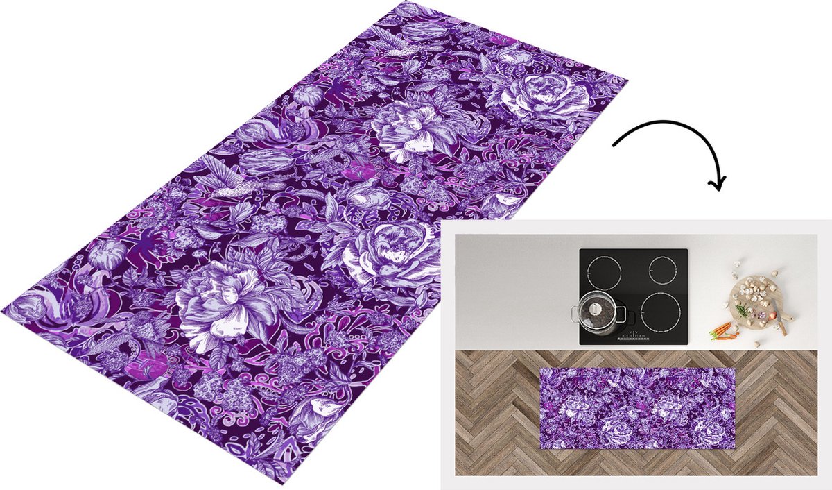 KitchenYeah Keukenloper - Loper keuken - Kolibrie - Rozen - Paars - 120x50 cm - Keukenloper vinyl Multicolor