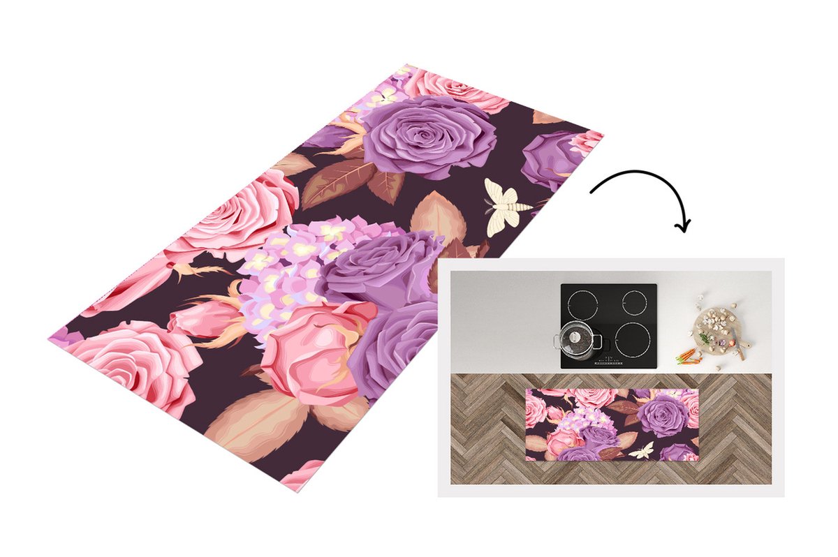 KitchenYeah Keukenloper - Loper keuken - Rozen - Insect - Paars - Roze - 120x50 cm - Keukenloper vinyl Multicolor