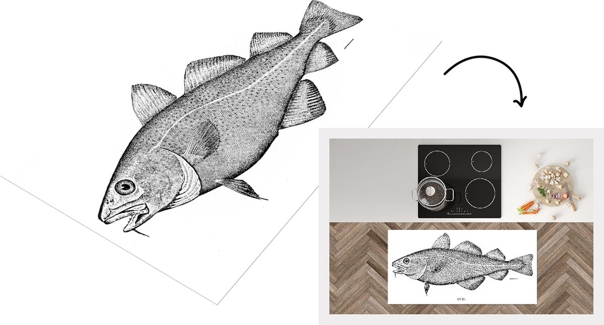 KitchenYeah Keukenloper - Loper keuken - Zwart-wit illustratie van een vis - 120x60 cm - Keukenloper vinyl Zwart; Wit