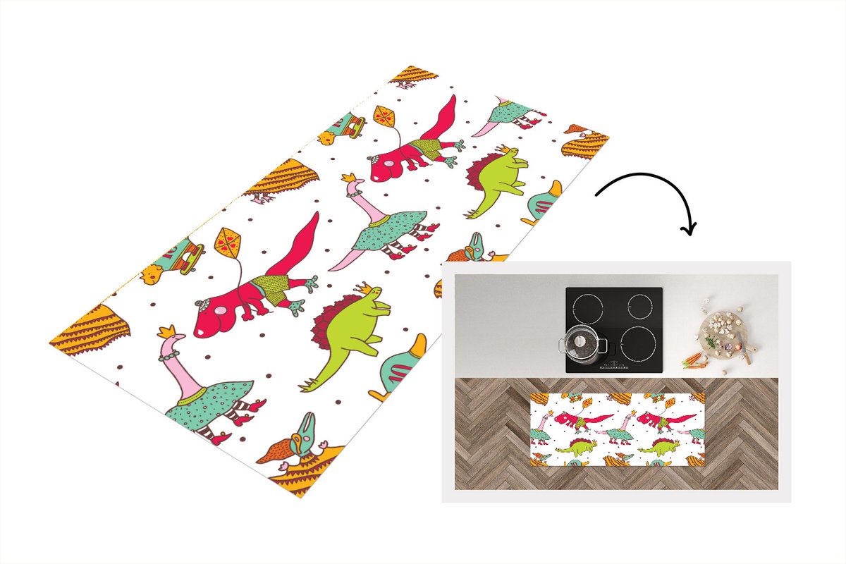 KitchenYeah Keukenloper - Loper keuken - Patronen - Dino - Kleuren - 120x50 cm - Keukenloper vinyl Multicolor
