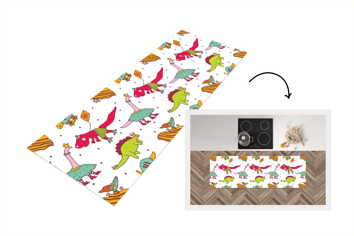 KitchenYeah Keukenloper - Loper keuken - Patronen - Dino - Kleuren - 150x50 cm - Keukenloper vinyl Multicolor
