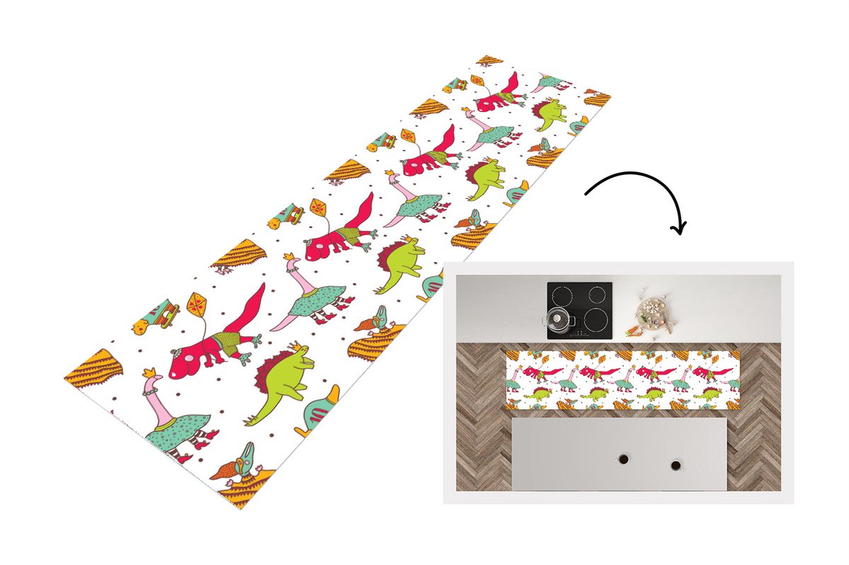 KitchenYeah Keukenloper - Loper keuken - Patronen - Dino - Kleuren - 240x60 cm - Keukenloper vinyl Multicolor