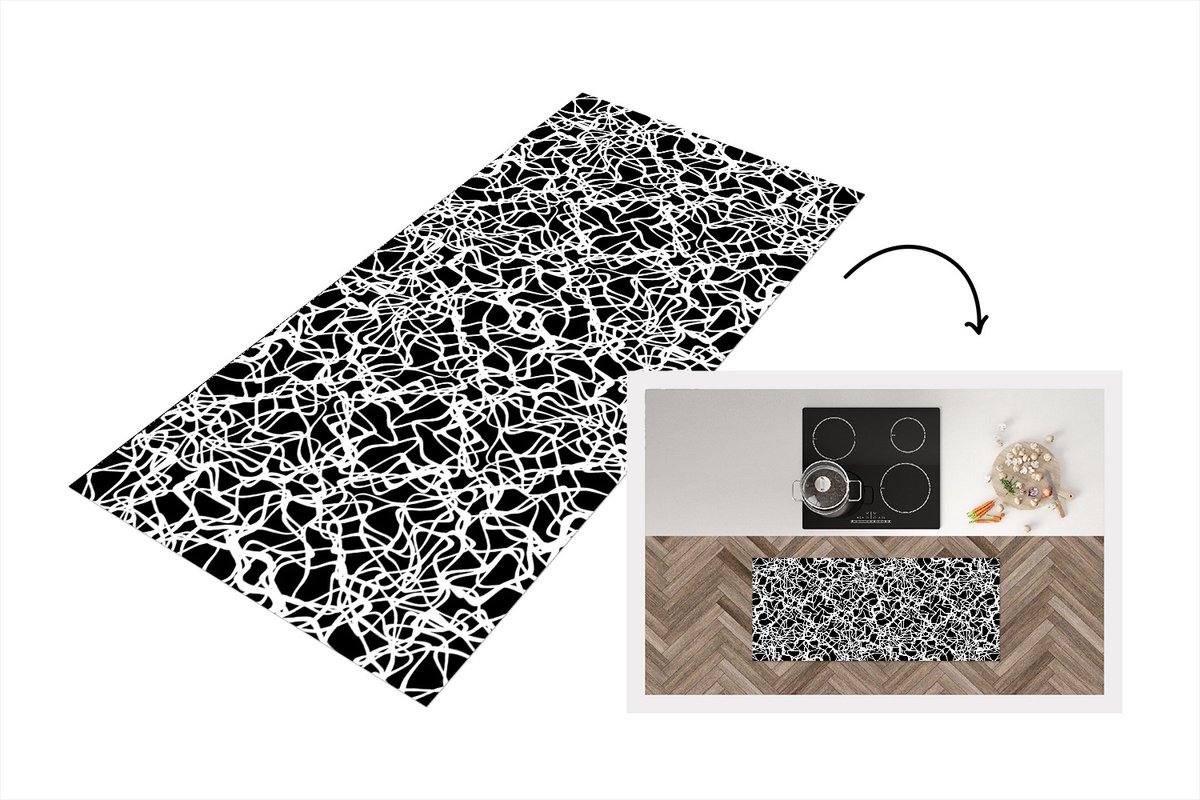 KitchenYeah Keukenloper - Loper keuken - Patroon - Abstract - Zwart Wit - 120x50 cm - Keukenloper vinyl Zwart; Wit