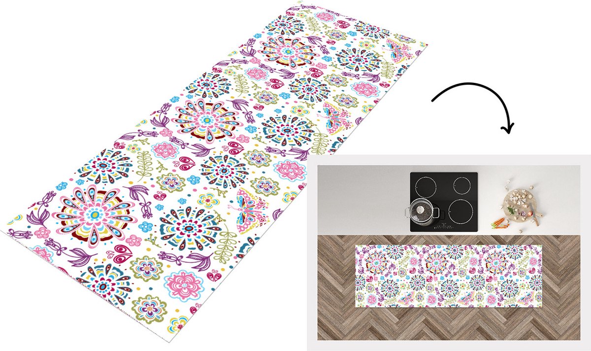 KitchenYeah Keukenloper - Loper keuken - Regenboog - Bloemen - Vlinder - Design - 150x50 cm - Keukenloper vinyl Multicolor