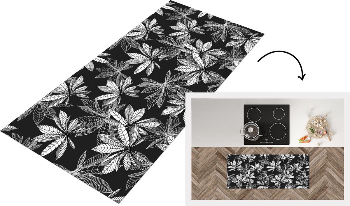 KitchenYeah Keukenloper - Loper keuken - Zwart - Wit - Patronen - Bladeren - Natuur - 120x50 cm - Keukenloper vinyl Multicolor
