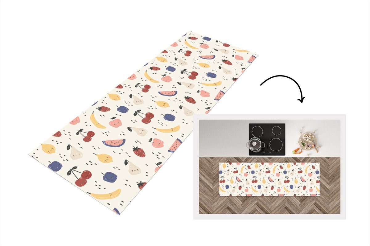 KitchenYeah Keukenloper - Loper keuken - Design - Fruit - Kawaii - Patronen - 150x50 cm - Keukenloper vinyl Multicolor