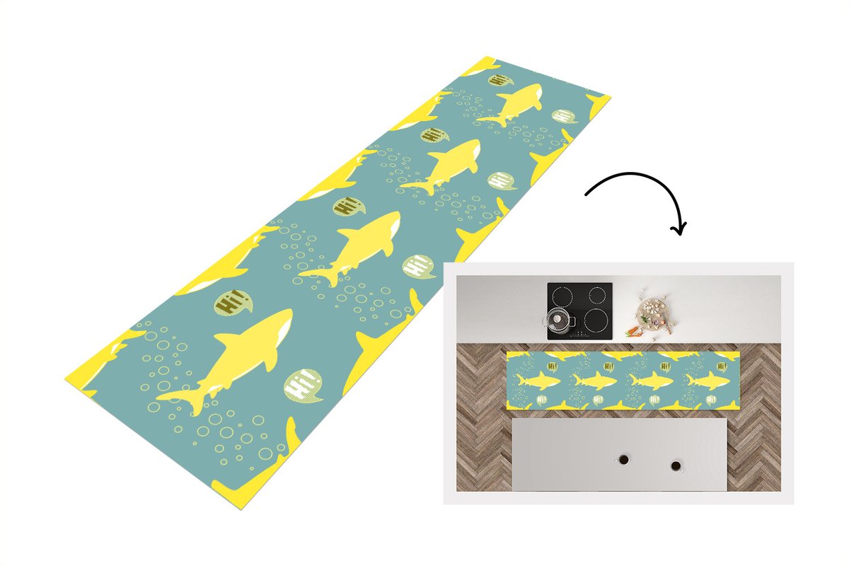 KitchenYeah Keukenloper - Loper keuken - Haai - Cartoon - Geel - Patronen - Tiener - 240x60 cm - Keukenloper vinyl Multicolor