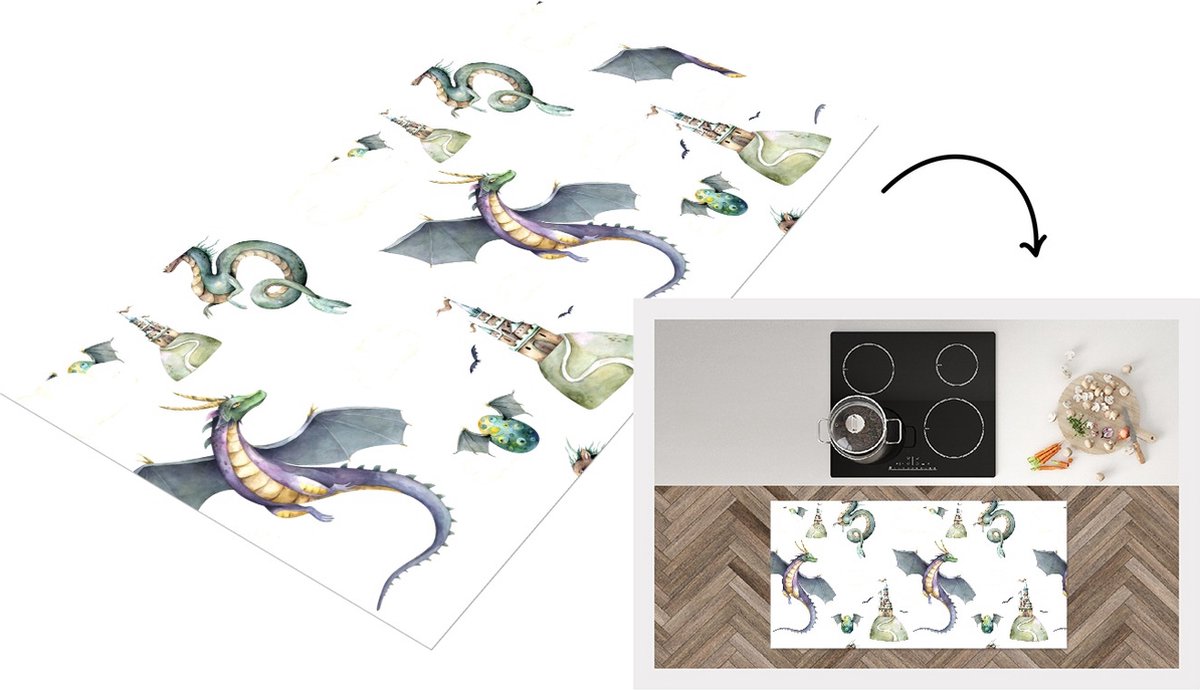 KitchenYeah Keukenloper - Loper keuken - Jongens - Patronen - Draak - Kasteel - 120x60 cm - Keukenloper vinyl Multicolor
