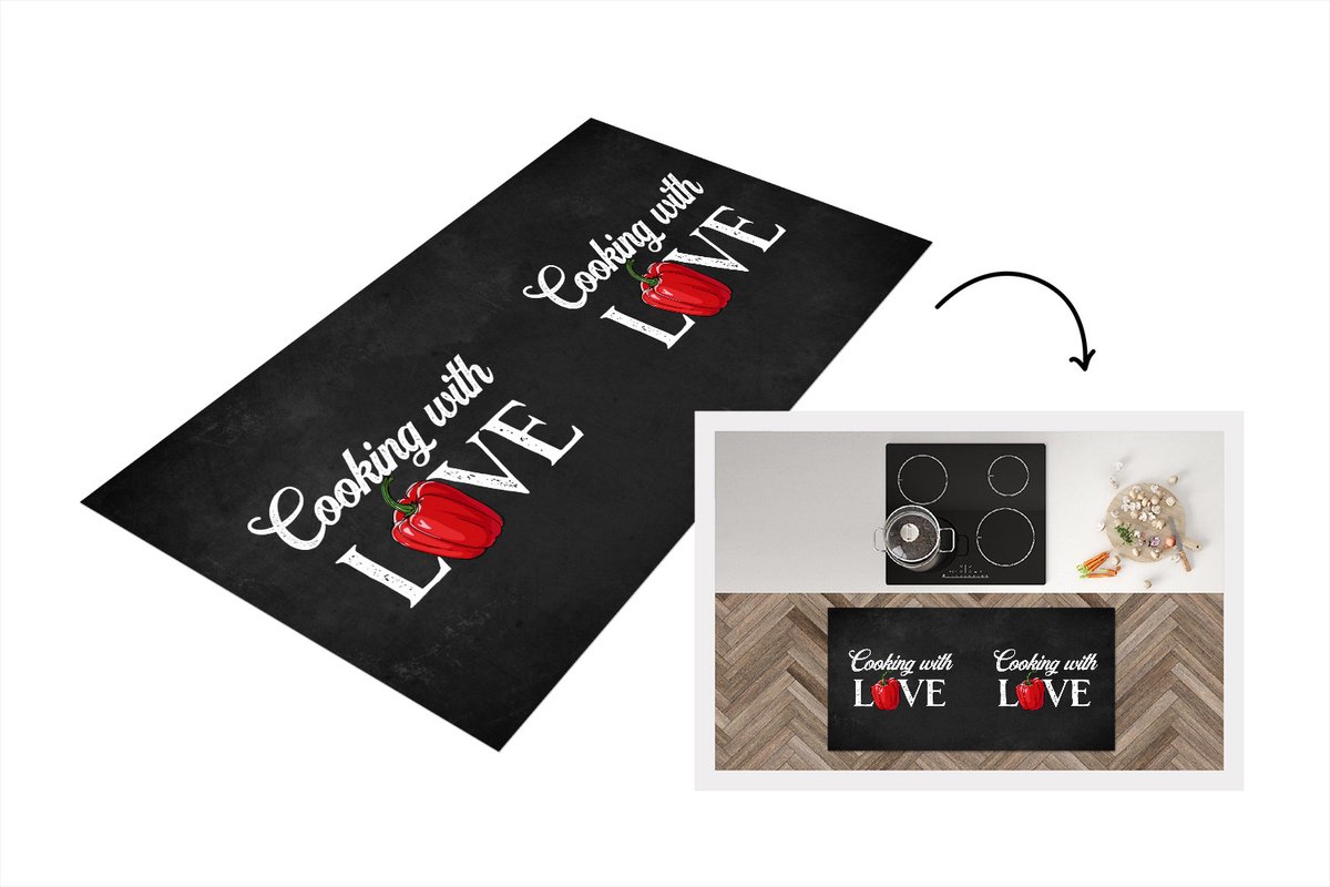 KitchenYeah Keukenloper - Loper keuken - Tekst - Koken - Keuken - Paprika - Cooking with love - Liefde voor koken - Spreuken - 120x60 cm - Keukenloper vinyl Multicolor