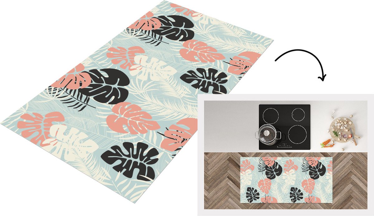 KitchenYeah Keukenloper - Loper keuken - Bladeren - Monstera - Pastel - Hawaii - Patronen - 120x60 cm - Keukenloper vinyl Multicolor