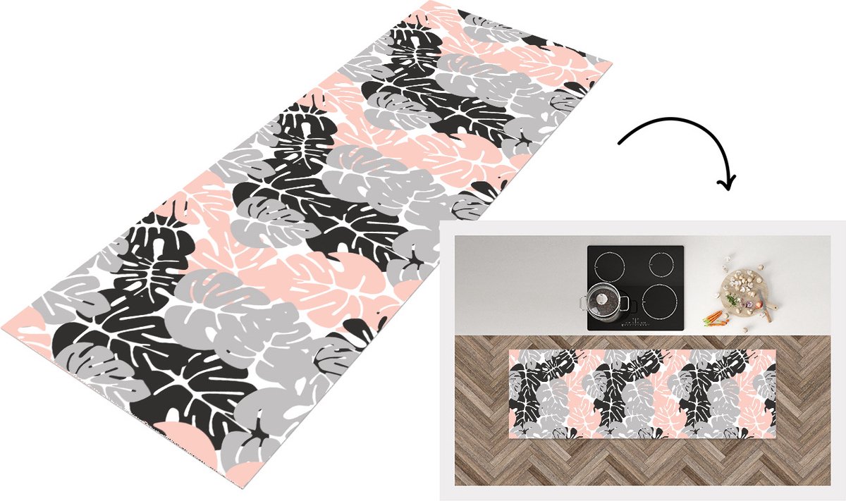 KitchenYeah Keukenloper - Loper keuken - Monstera - Pastel - Patronen - Bladeren - 180x60 cm - Keukenloper vinyl Multicolor