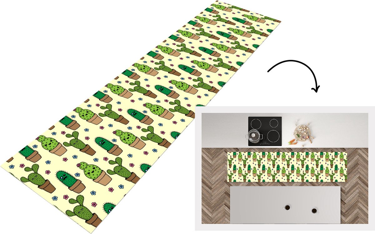 KitchenYeah Keukenloper - Loper keuken - Patronen - Cactus - Bloemen - 240x60 cm - Keukenloper vinyl Multicolor