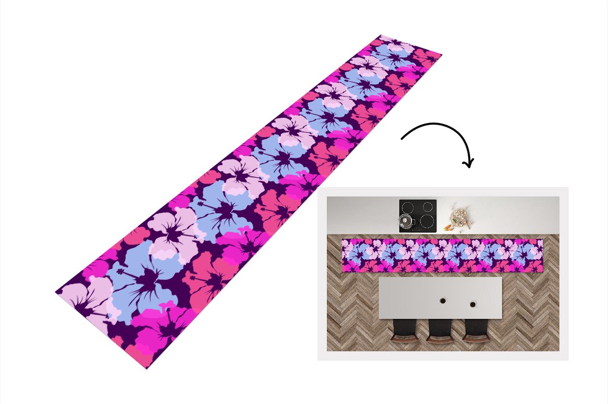 KitchenYeah Keukenloper - Loper keuken - Pastel - Hibiscus - Bloem - Hawaii - Design - 300x50 cm - Keukenloper vinyl Multicolor