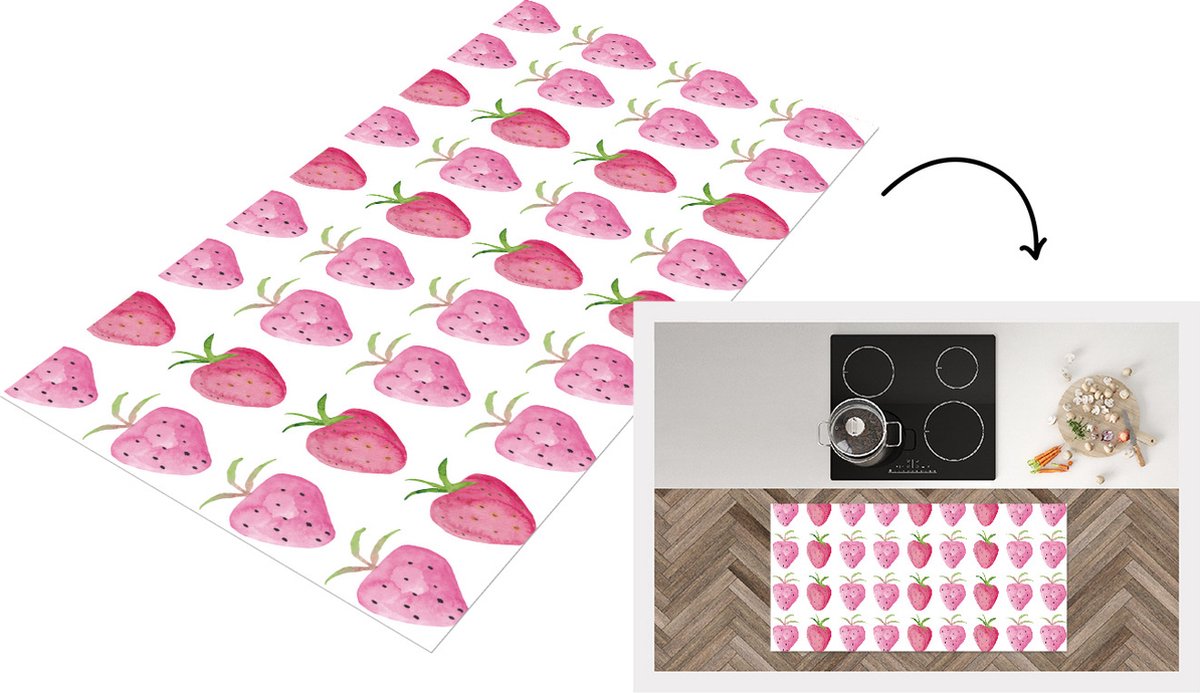 KitchenYeah Keukenloper - Loper keuken - Aardbei - Waterverf - Patroon - 120x60 cm - Keukenloper vinyl Multicolor