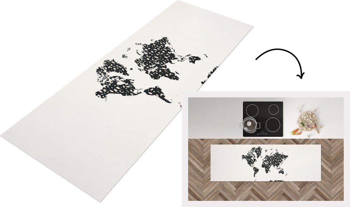 KitchenYeah Keukenloper - Loper keuken - Wereldkaart - Cijfers - Design - 150x50 cm - Keukenloper vinyl Multicolor
