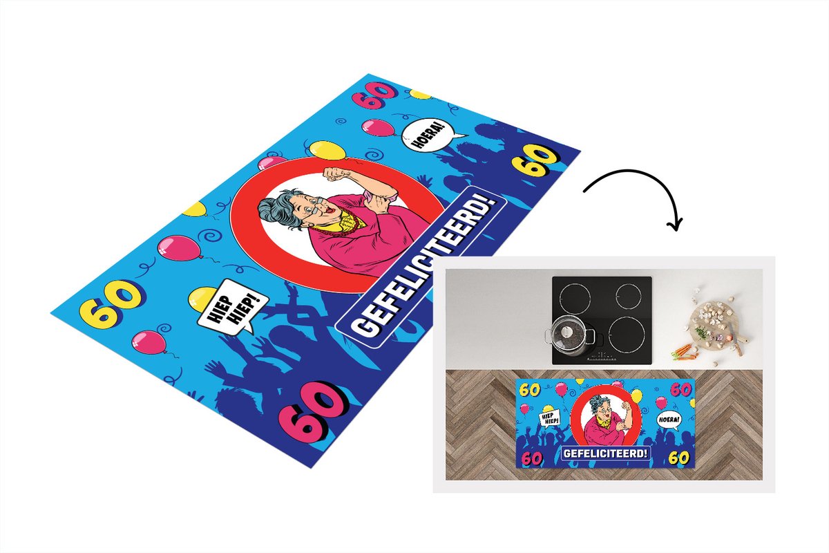 KitchenYeah Keukenloper - Loper keuken - Verjaardag - 60 Jaar - Vrouw - 120x60 cm - Keukenloper vinyl Multicolor