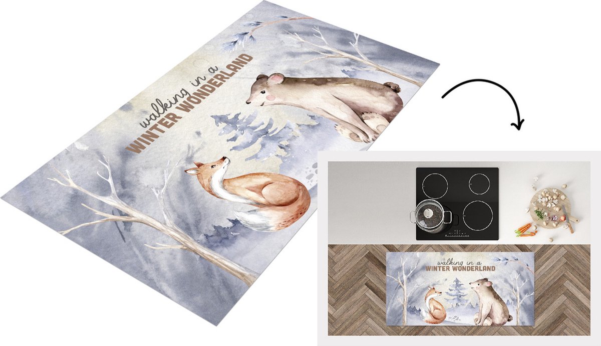 KitchenYeah Keukenloper - Loper keuken - Winter - Vos - Sneeuw - Beer - 120x60 cm - Keukenloper vinyl Multicolor