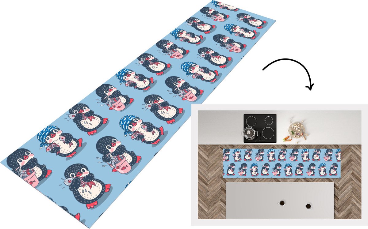 KitchenYeah Keukenloper - Loper keuken - Pinguïn - Design - Vis - 240x60 cm - Keukenloper vinyl Multicolor
