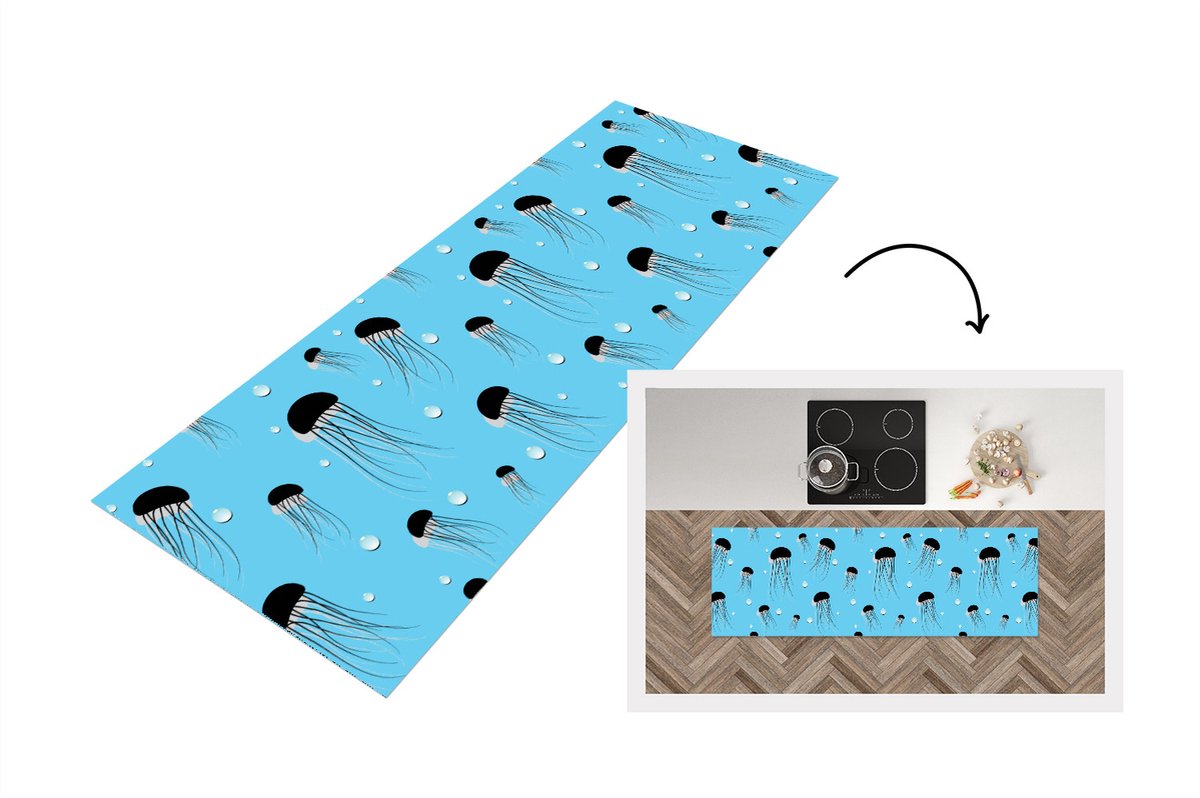 KitchenYeah Keukenloper - Loper keuken - Kwallen - Dieren - Patronen - 150x50 cm - Keukenloper vinyl Multicolor