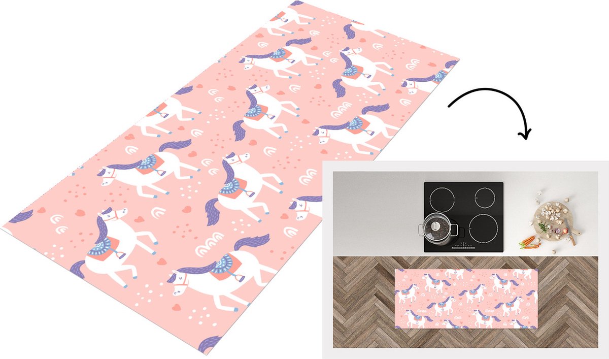 KitchenYeah Keukenloper - Loper keuken - Paard - Hart - Patronen - 120x50 cm - Keukenloper vinyl Multicolor