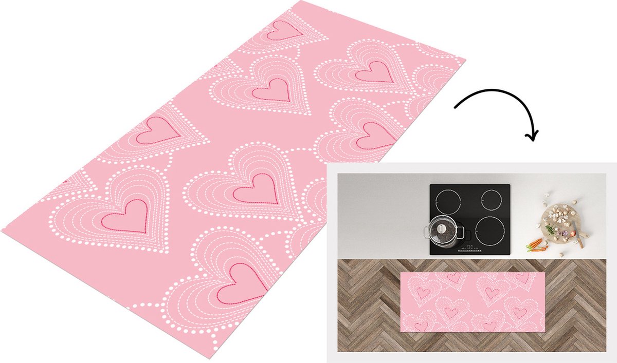 KitchenYeah Keukenloper - Loper keuken - Hartjes - Patronen - Roze - 120x50 cm - Keukenloper vinyl Multicolor
