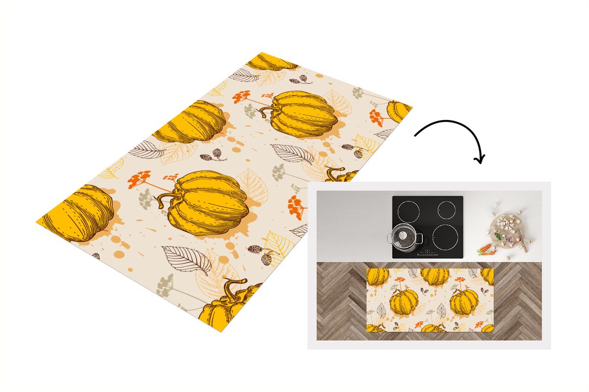 KitchenYeah Keukenloper - Loper keuken - Pompoen - Herfst - Patronen - 120x60 cm - Keukenloper vinyl Multicolor