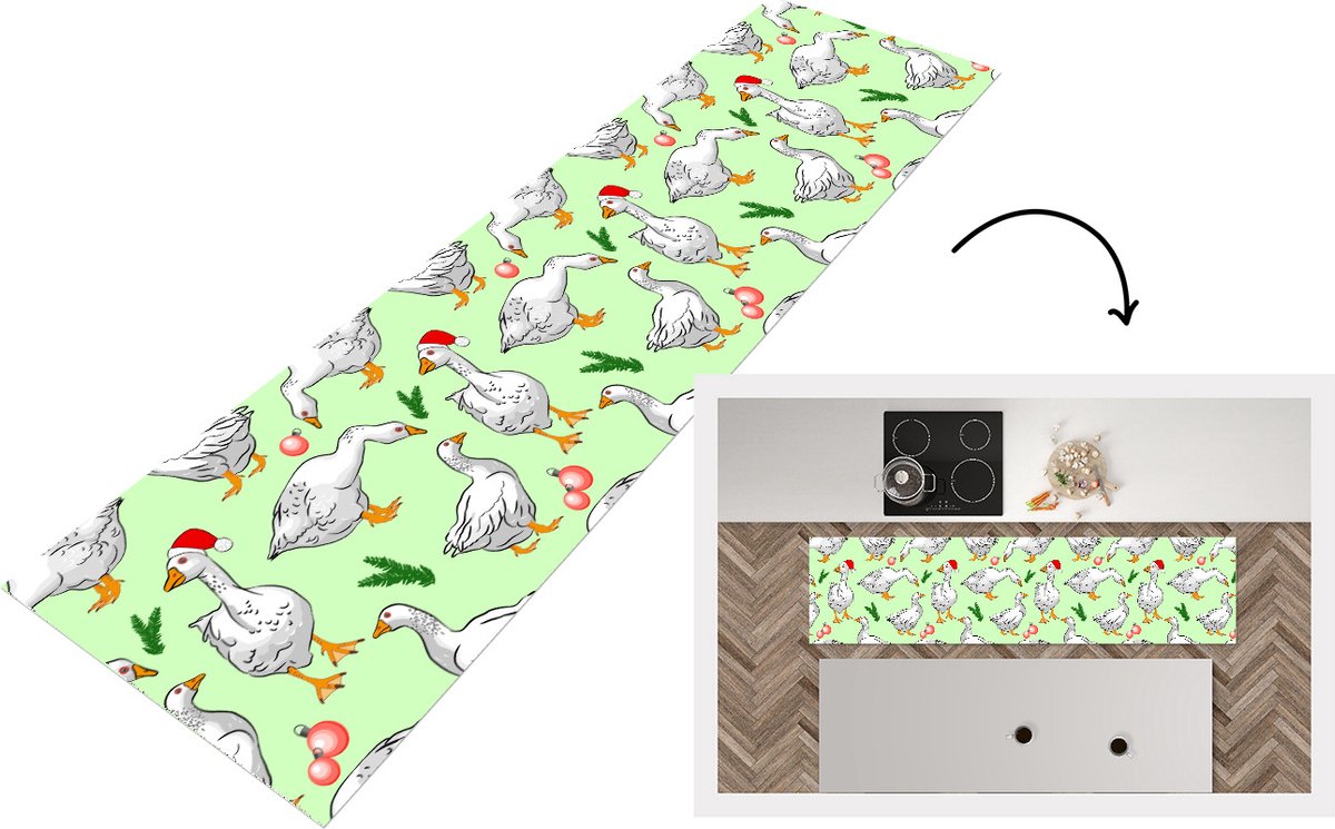 KitchenYeah Keukenloper - Loper keuken - Gans - Kerstballen - Christmas - Patronen - 240x60 cm - Keukenloper vinyl Multicolor