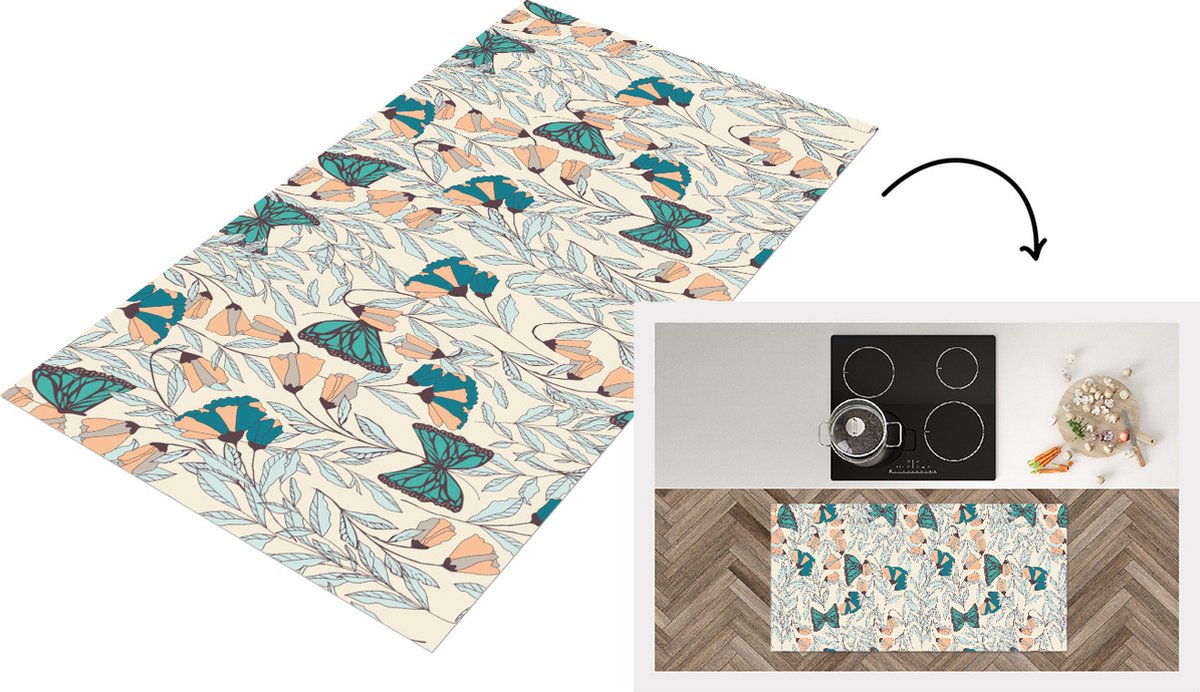 KitchenYeah Keukenloper - Loper keuken - Meisjes - Vlinder - Bloemen - Patronen - 120x60 cm - Keukenloper vinyl Multicolor