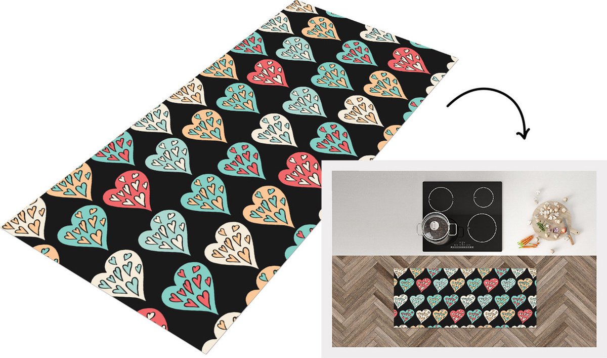 KitchenYeah Keukenloper - Loper keuken - Meisjes - Hart - Hartjes - Patronen - 120x50 cm - Keukenloper vinyl Multicolor