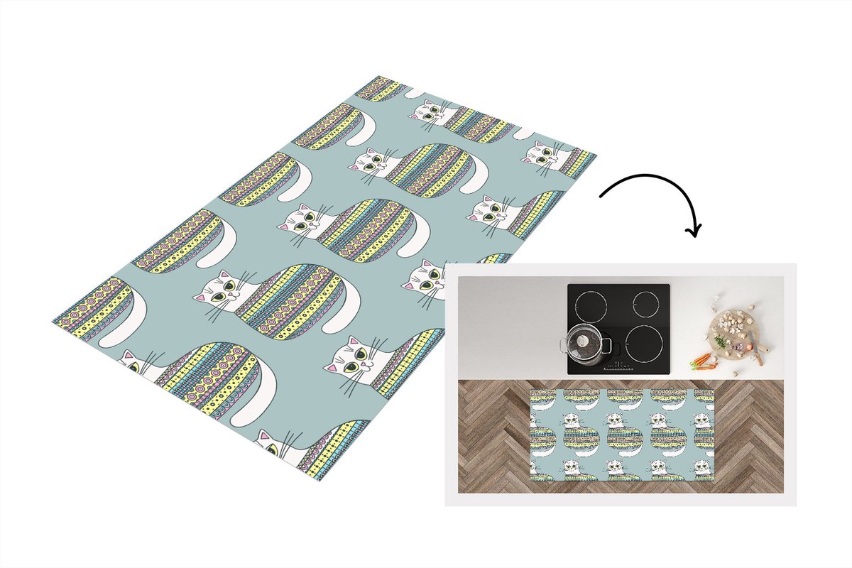 KitchenYeah Keukenloper - Loper keuken - Meisje - Katten - Trui - Patronen - 120x60 cm - Keukenloper vinyl Multicolor