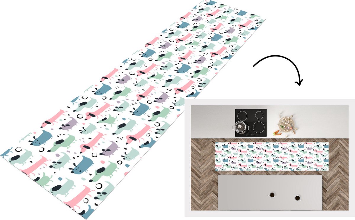 KitchenYeah Keukenloper - Loper keuken - Patroon - Hond - Tekenen - 240x60 cm - Keukenloper vinyl Multicolor