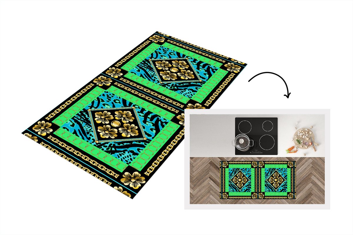KitchenYeah Keukenloper - Loper keuken - Dierenprint - Bloemen - Ketting - Goud - Patroon - 120x60 cm - Keukenloper vinyl Multicolor
