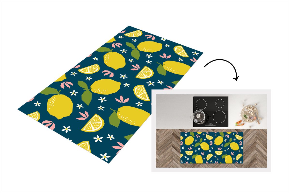KitchenYeah Keukenloper - Loper keuken - Citroen - Patronen - Zomer - 120x60 cm - Keukenloper vinyl Multicolor