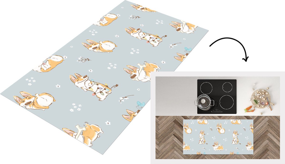 KitchenYeah Keukenloper - Loper keuken - Patroon - Hond - Corgi - 120x60 cm - Keukenloper vinyl Multicolor