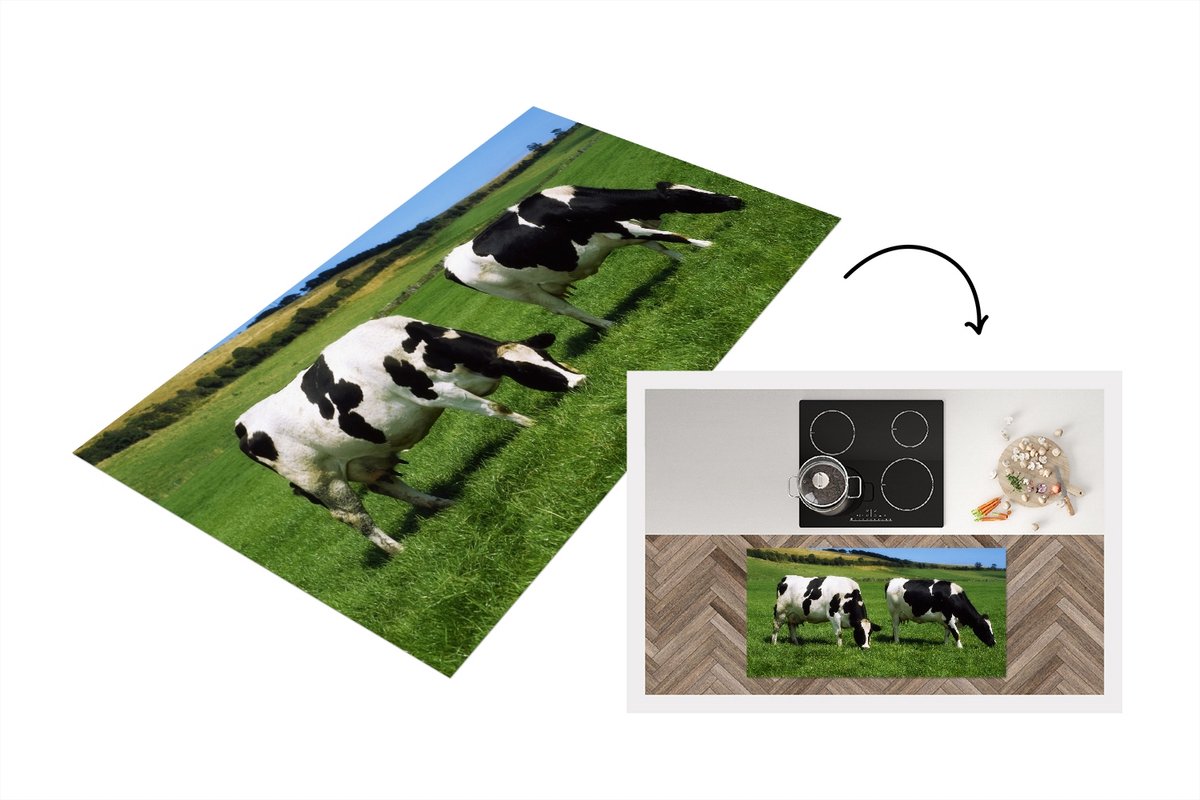KitchenYeah Keukenloper - Loper keuken - Koeien - Dieren - Gras - 120x60 cm - Keukenloper vinyl Multicolor