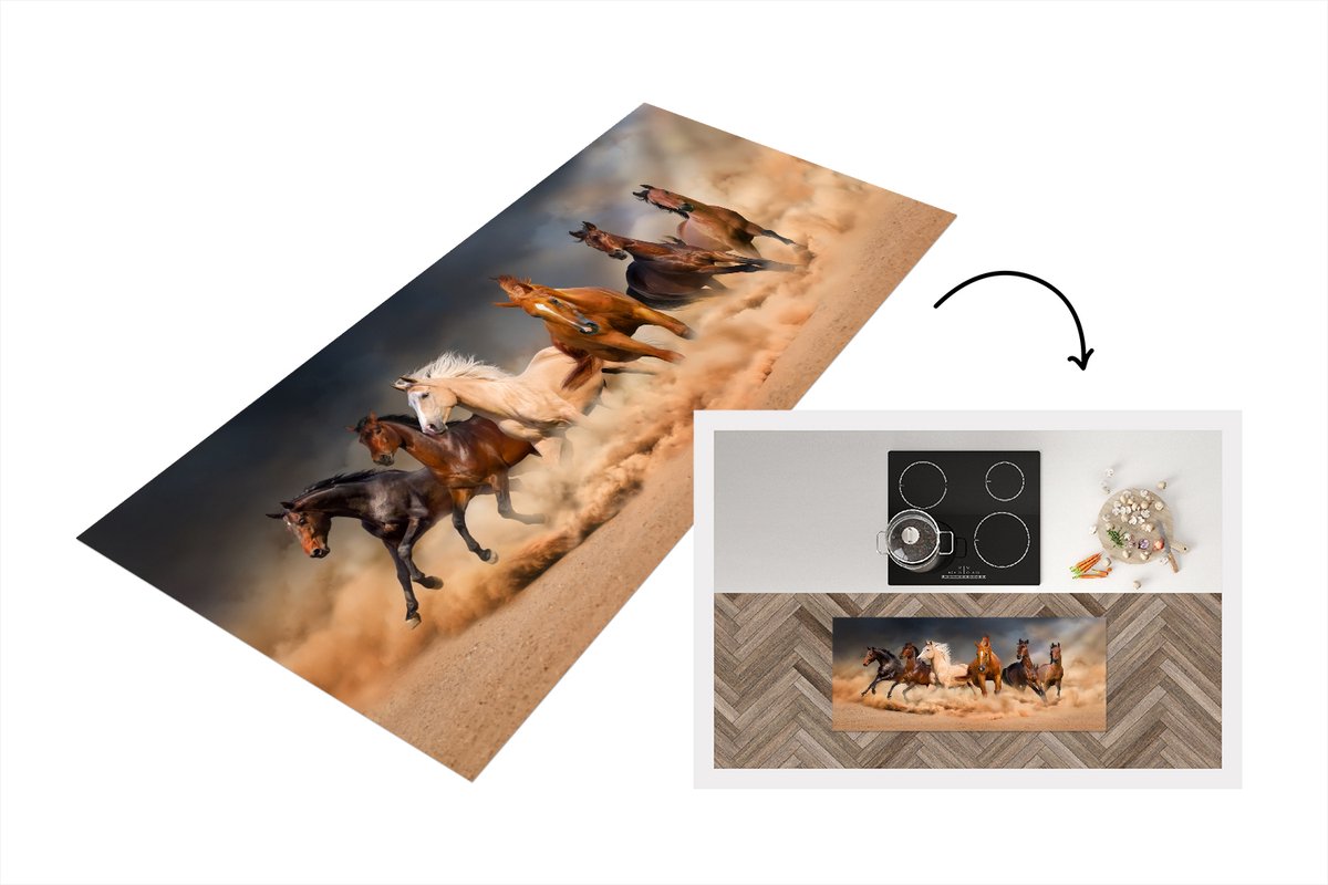 KitchenYeah Keukenloper - Loper keuken - Paarden - Dieren - Zand - Stof - 120x50 cm - Keukenloper vinyl Multicolor